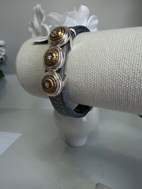 Brighton Women's Two-Tone Button Charm Leather Bracelet - Gray and Gold NWT